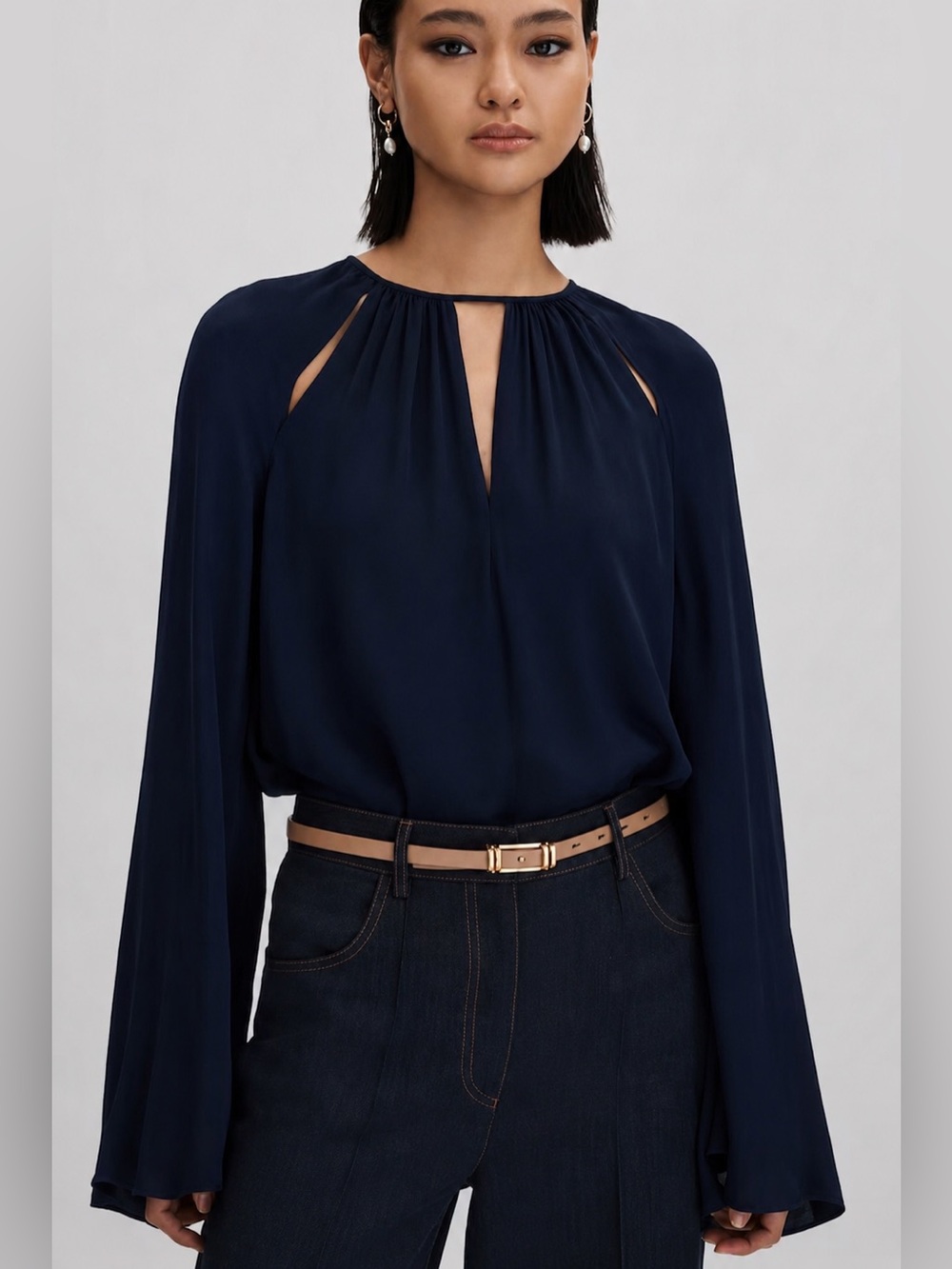 Reiss Gracie Navy Cut-Out Fluted Sleeve Blouse Size US 0